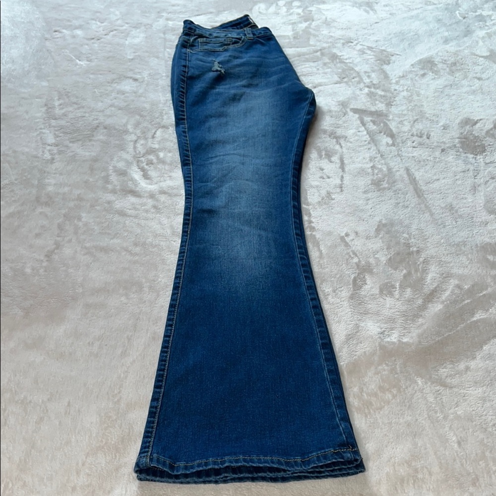 Vipones Women’s Stylish Blue Flare Leg Jeans with Distressed High Rise SZ 6